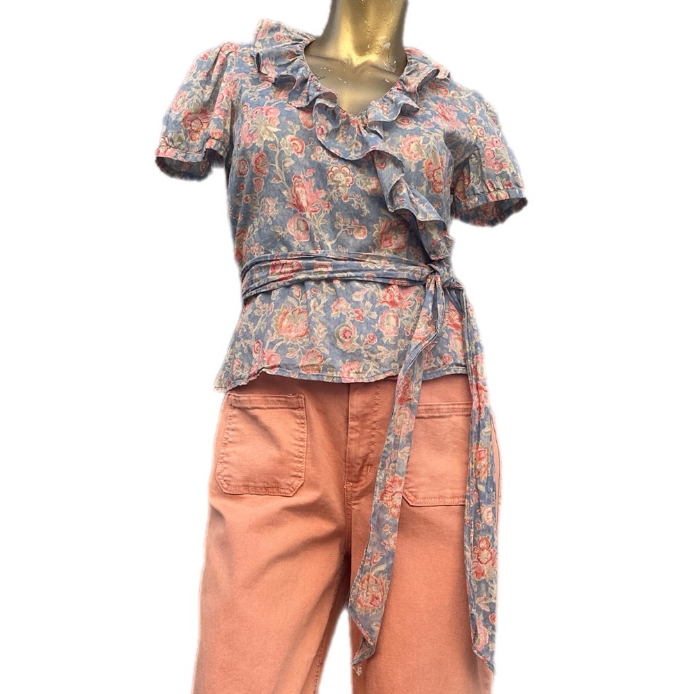 LRL Lauren Jeans Co Ralph Lauren Cotton Floral Wrap Top Ruffle Collar size M